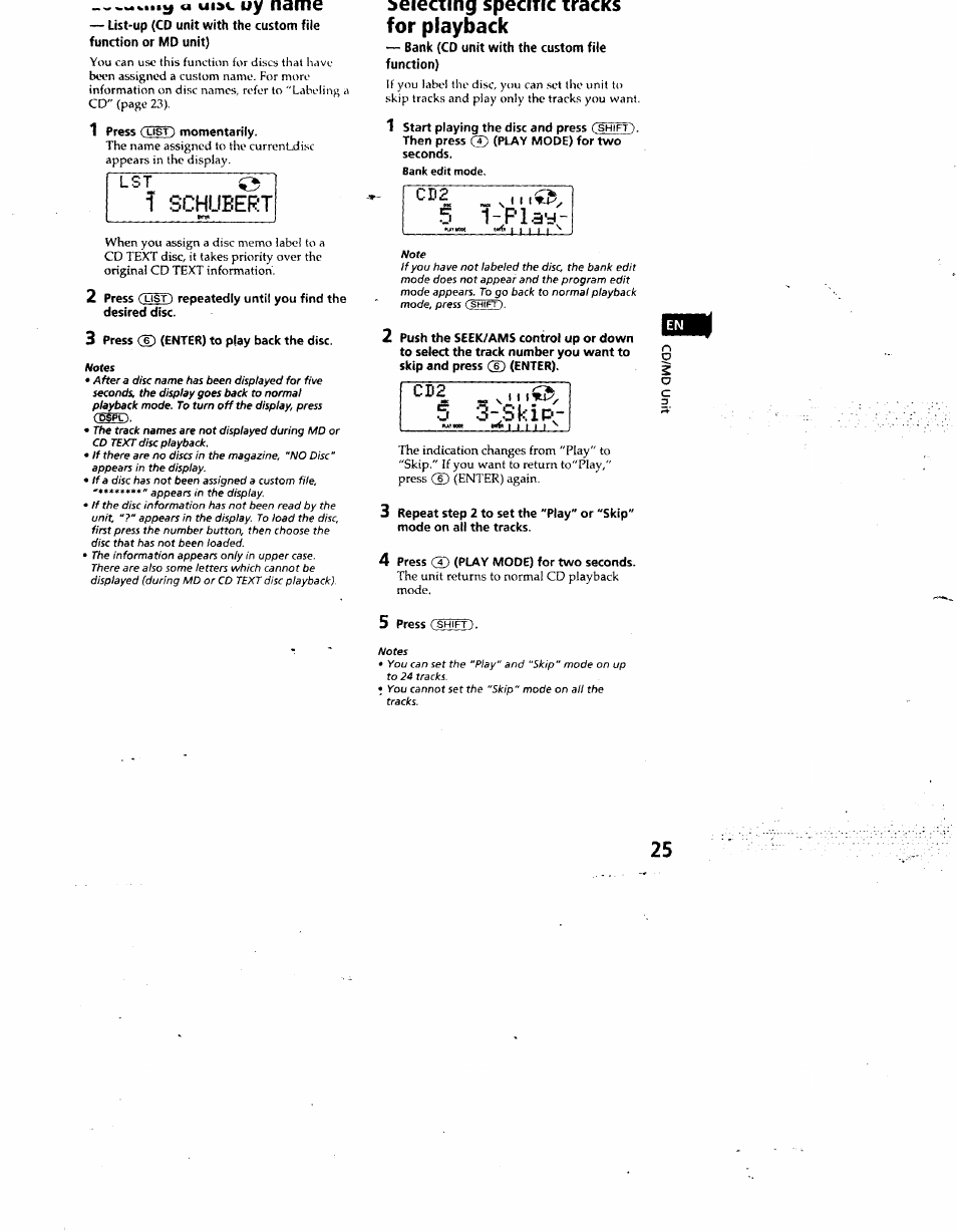 Bank (cd unit with the custom file function), Play, Skip | For playback, Eieciing speeme iracks | Sony CDX-C880 User Manual | Page 25 / 38