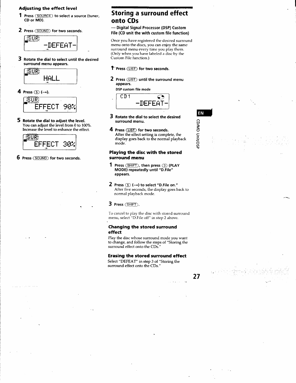 Adjusting the effect level, Storing a surround effect onto cds, Playing the disc with the stored surround menu | Changing the stored surround effect, Erasing the stored surround effect, Defeat, Hall, Effect 90, Effect 30 | Sony CDX-C880 User Manual | Page 27 / 38