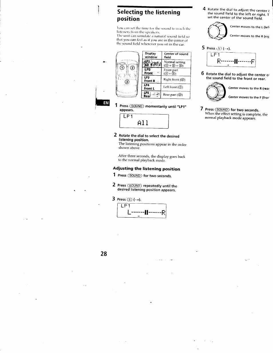 1 press (sound) momentarily until "lpi" appears, Adjusting the listening position, 1 press (sound~) for two seconds | 3 press cd (—►), L ii r, R ii f, 7 press (sound) for two seconds, Selecting the listening position, R ii.......... f, Cd (—►) | Sony CDX-C880 User Manual | Page 28 / 38