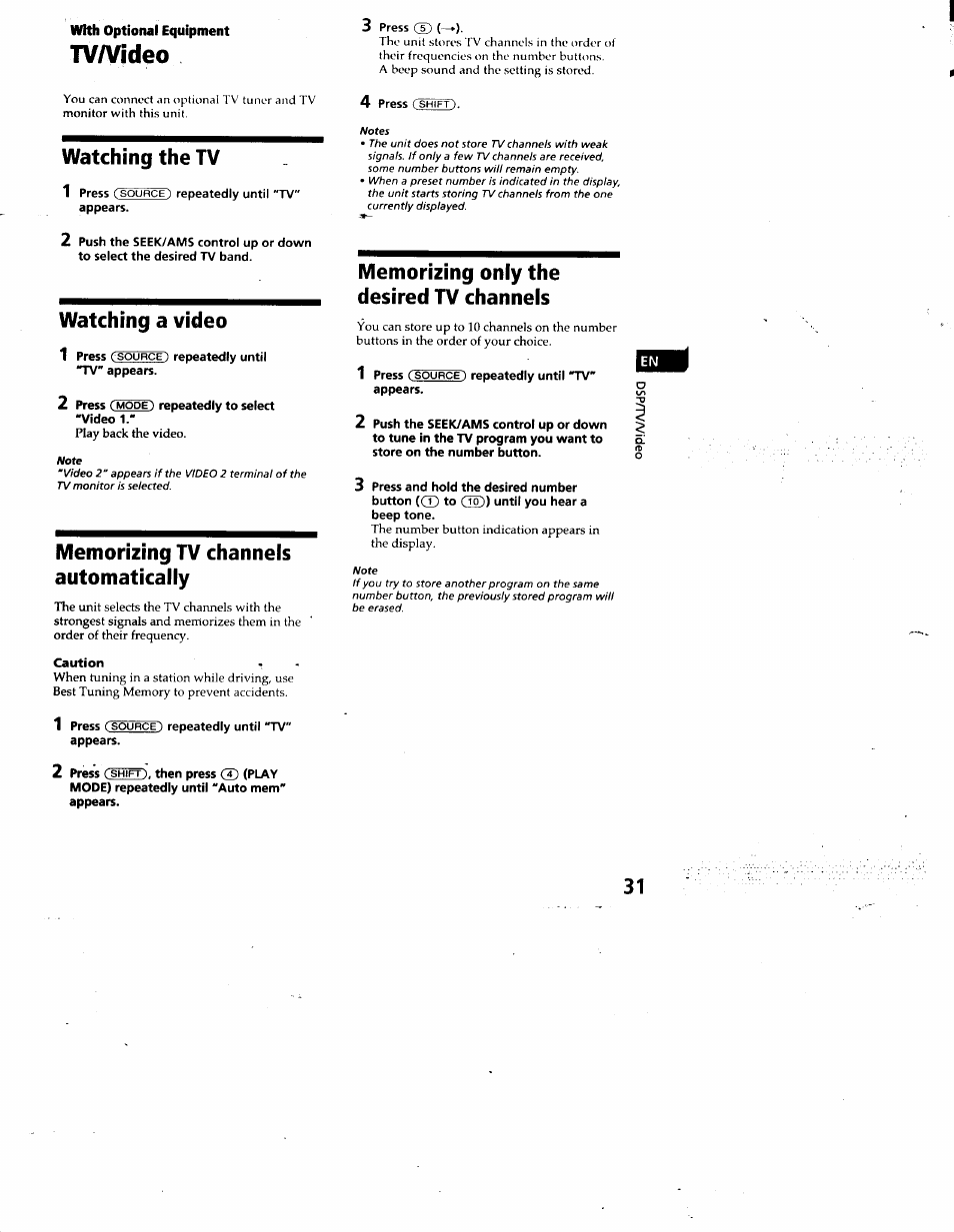 With optional equipment, Tv/video, Watching the tv | Watching a video, Memorizing tv channels automatically, Memorizing only the desired tv channels, Memorizing only the desired stations | Sony CDX-C880 User Manual | Page 31 / 38