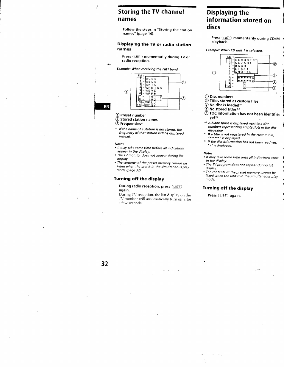 Storing the tv channel names, Displaying the tv or radio station names, Turning off the display | Displaying the information stored on discs, Press vhislj) momentarily during cd/m playback | Sony CDX-C880 User Manual | Page 32 / 38