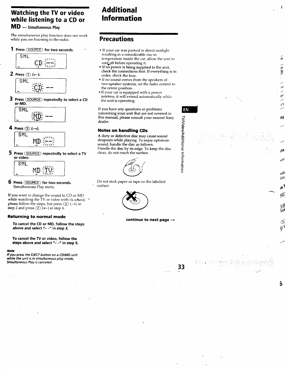 Md — simultaneous play, 1 press ( source ) for two seconds, J' i | 2 press®!*-), 3 press ( source ) repeatedly to select a cd or md, 4 press ® (—►), 6 press ( source) for two seconds, Returning to normal mode, Additional, Information | Sony CDX-C880 User Manual | Page 33 / 38