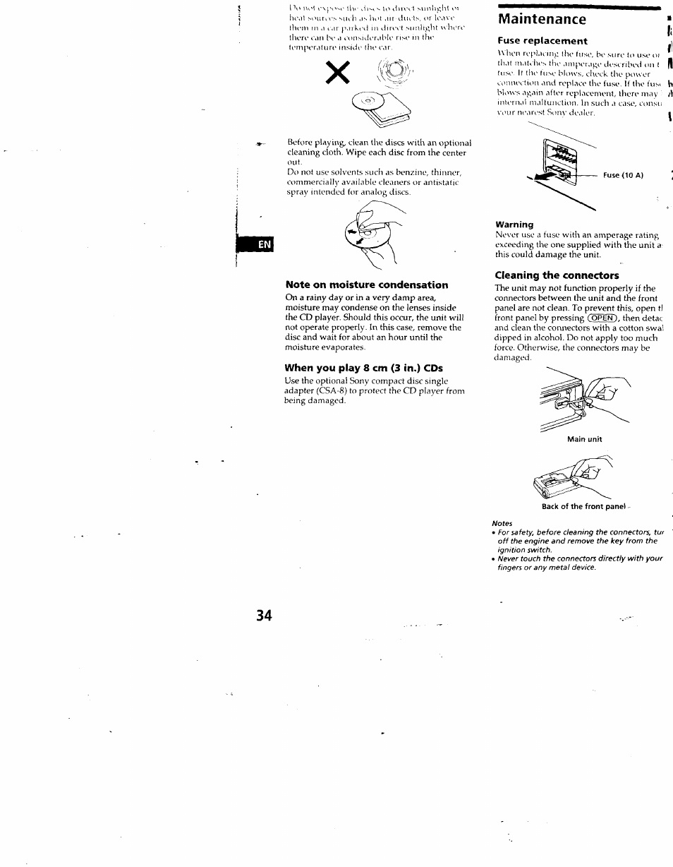 When you play 8 cm (3 in.) cds, Maintenance, Fuse replacement | Warning, Cleaning the connectors, 34 maintenance, Sony | Sony CDX-C880 User Manual | Page 34 / 38
