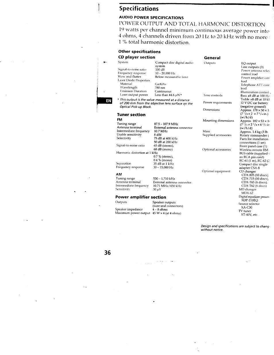 Specifications, Audio power specifications, Other specifications cd player section | Sony CDX-C880 User Manual | Page 36 / 38