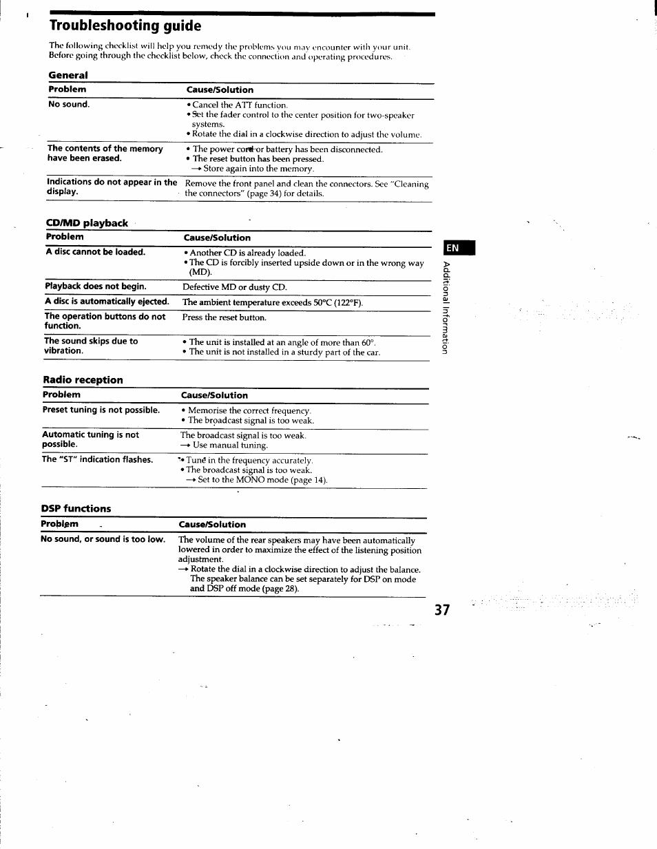 Troubleshooting guide, General | Sony CDX-C880 User Manual | Page 37 / 38