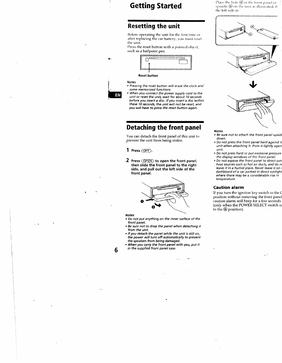 Getting started, Resetting the unit, Detaching the front panel | Caution alarm, Open) | Sony CDX-C880 User Manual | Page 6 / 38