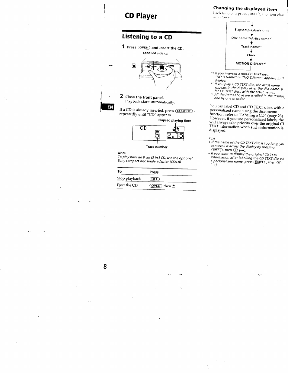 Cd player, Changing the displayed item, Listening to a cd | Sony CDX-C880 User Manual | Page 8 / 38
