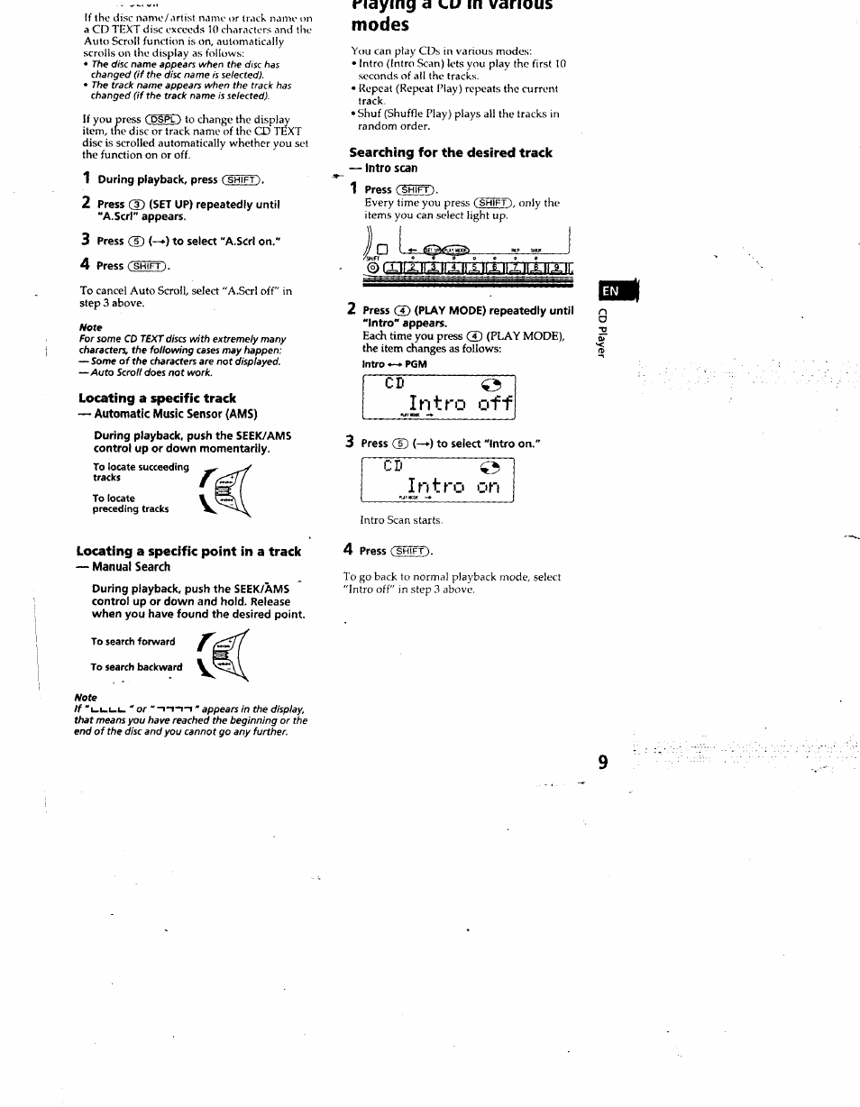 Locating a specific track, Automatic music sensor (ams), Locating a specific point in a track | Manual search, Riaymg a m various, Modes, Searching for the desired track, Intro scan, Intro on | Sony CDX-C880 User Manual | Page 9 / 38