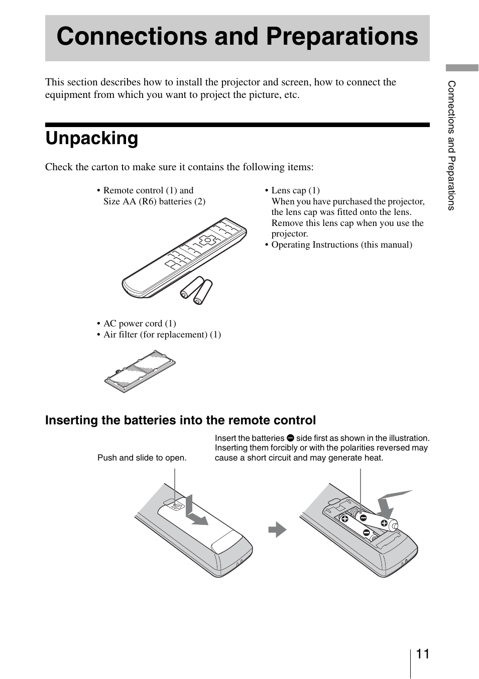 Connections and preparations, Unpacking | Sony VPL-AW15 User Manual | Page 11 / 76