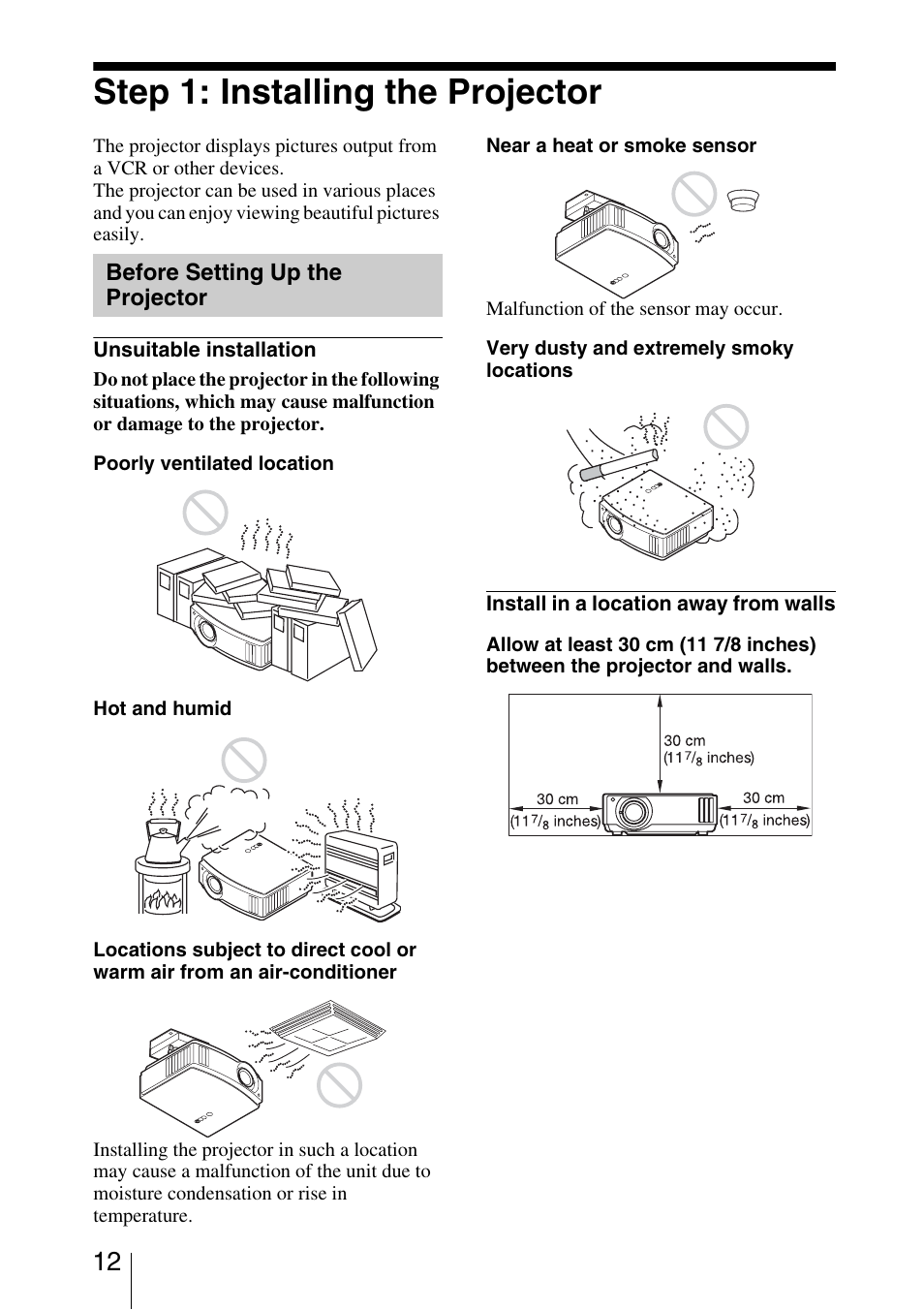 Step 1: installing the projector, Before setting up the projector, Before setting up the | Projector | Sony VPL-AW15 User Manual | Page 12 / 76