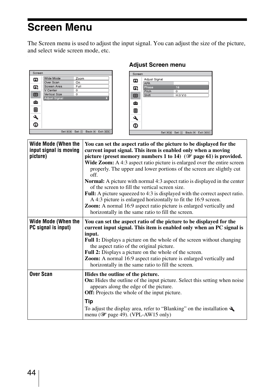 Screen menu | Sony VPL-AW15 User Manual | Page 44 / 76