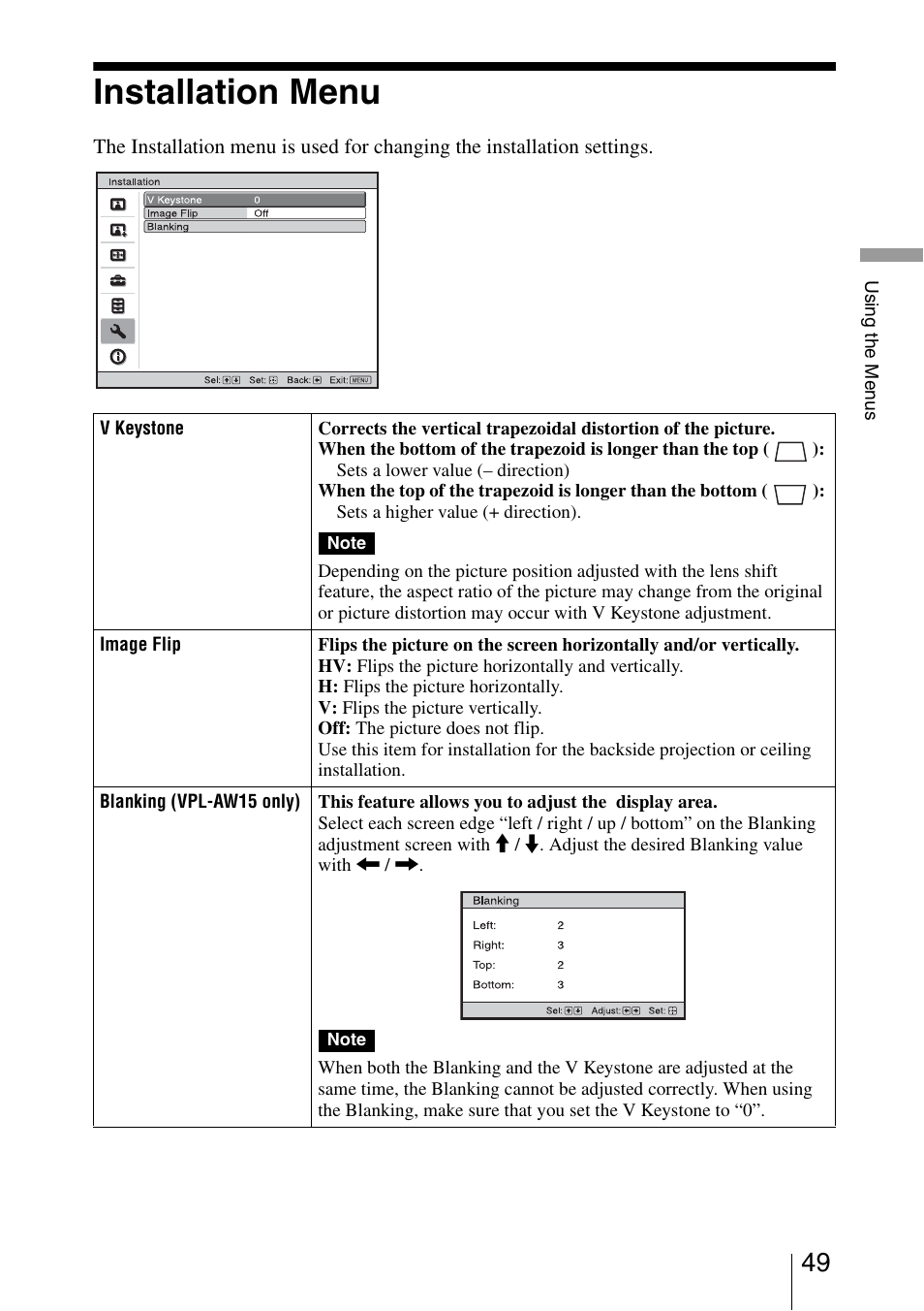 Installation menu, Menu | Sony VPL-AW15 User Manual | Page 49 / 76