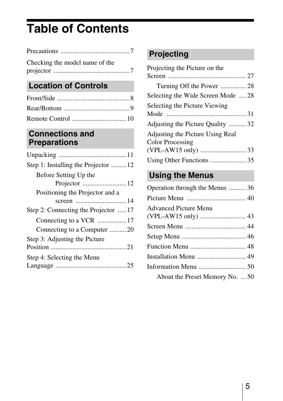 Sony VPL-AW15 User Manual | Page 5 / 76