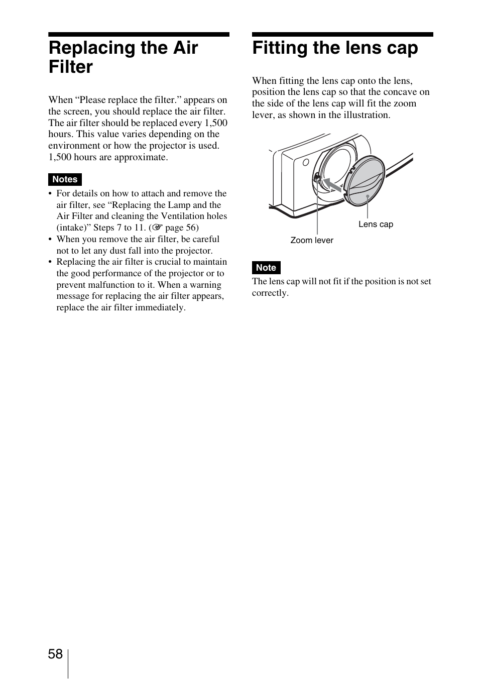 Replacing the air filter, Fitting the lens cap | Sony VPL-AW15 User Manual | Page 58 / 76