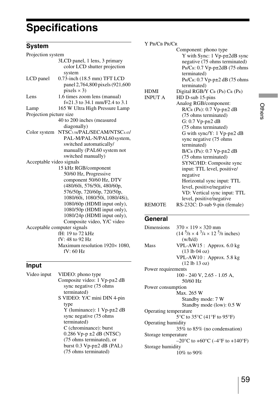 Specifications, System, Input | General | Sony VPL-AW15 User Manual | Page 59 / 76
