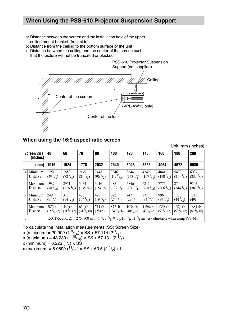 When using the pss-610 projector, Suspension support, When using the 16:9 aspect ratio screen | Sony VPL-AW15 User Manual | Page 70 / 76