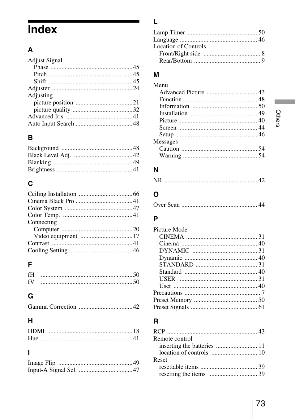 Index | Sony VPL-AW15 User Manual | Page 73 / 76