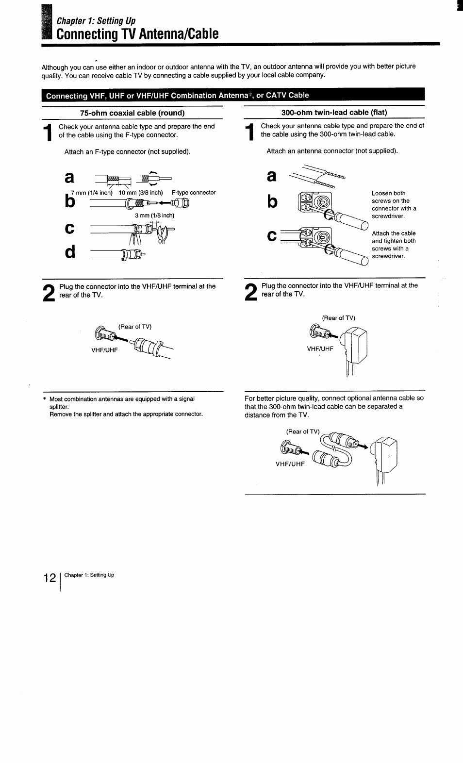 Ohm coaxial cable (round), Ohm twin-lead cable (flat), Bc d | Connecting tv antenna/cable | Sony KV-27TS29 User Manual | Page 12 / 59
