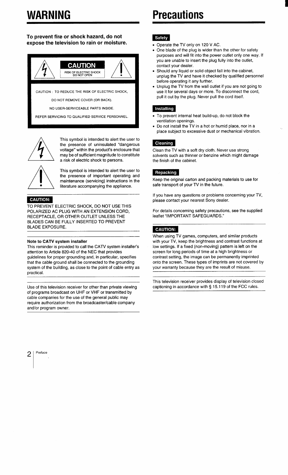 Caution, Note to catv system installer, Safety | Installing, Cleaning, Repacking, Warning precautions | Sony KV-27TS29 User Manual | Page 2 / 59