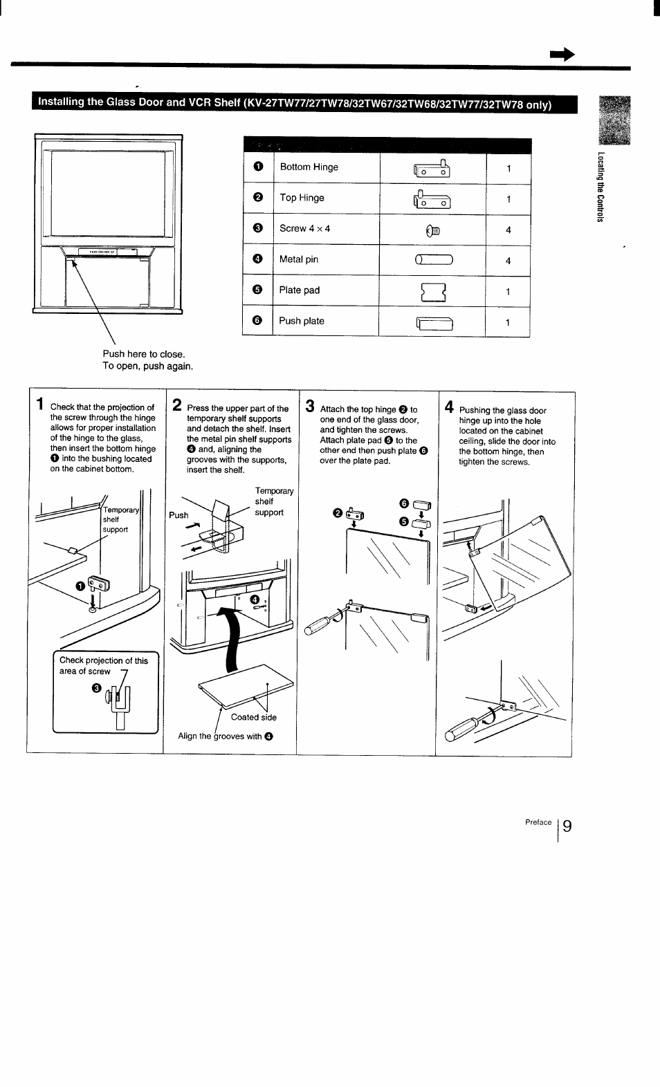 Bottom hinge, Top hinge, Screw 4x4 | Metal pin, Plate pad, Push plate, To open, push again, Qzzd | Sony KV-27TS29 User Manual | Page 9 / 59