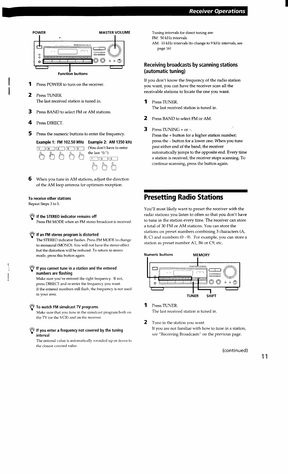 To receive other stations, Q' if the stereo indicator remains off, Q' if an fm stereo program is distorted | To watch fm simulcast tv programs, Presetting radio stations, Continued), Fc b to fe | Sony STR-D665 User Manual | Page 11 / 20