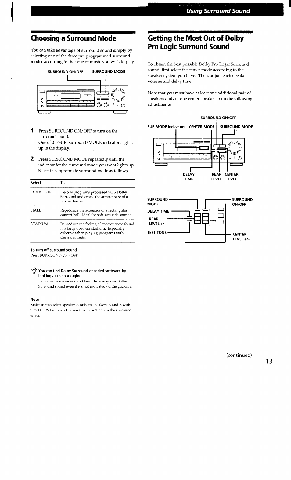 Choosing a surround mode, To turn off surround sound, Note | Continued), Using surround sound | Sony STR-D665 User Manual | Page 13 / 20