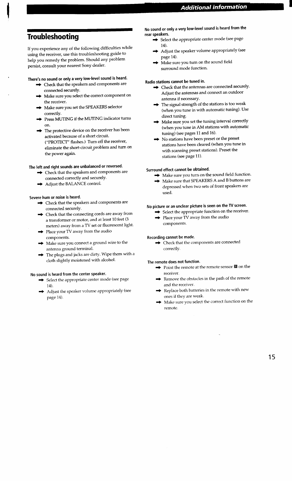 Troubleshooting, Severe hum or noise is heard, No sound is heard from the center speaker | Radio stations cannot be tuned in, Surround effect cannot be obtained, Recording cannot be made, The remote does not function | Sony STR-D665 User Manual | Page 15 / 20