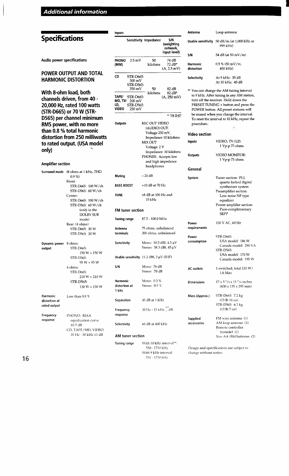 Specifications, Audio power specifications, Amplifier section | Video section, General, Additional information | Sony STR-D665 User Manual | Page 16 / 20