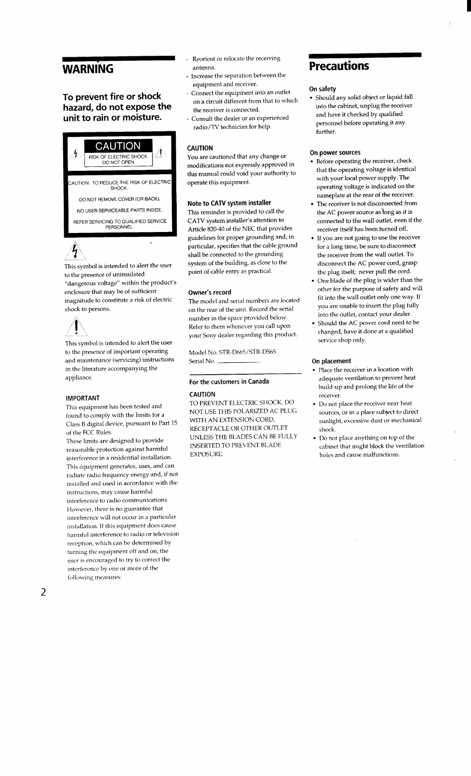 Warning, Important, Caution | Note to catv system installer, Owner's record, For the customers in canada, Precautions, On safety, On placement | Sony STR-D665 User Manual | Page 2 / 20