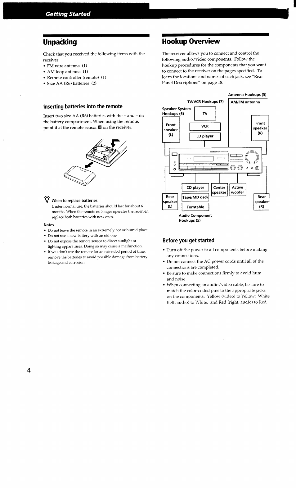 Inserting batteries into the remote, V when to replace batteries, Notes | Hookup overview, Before you get started, Unpacking | Sony STR-D665 User Manual | Page 4 / 20