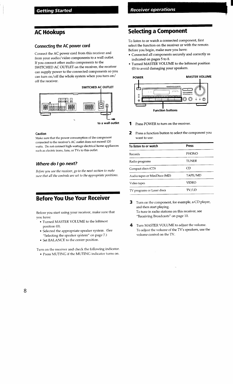 Connecting the ac power cord, Before you use your receiver, Selecting a component | Ac hóokups | Sony STR-D665 User Manual | Page 8 / 20