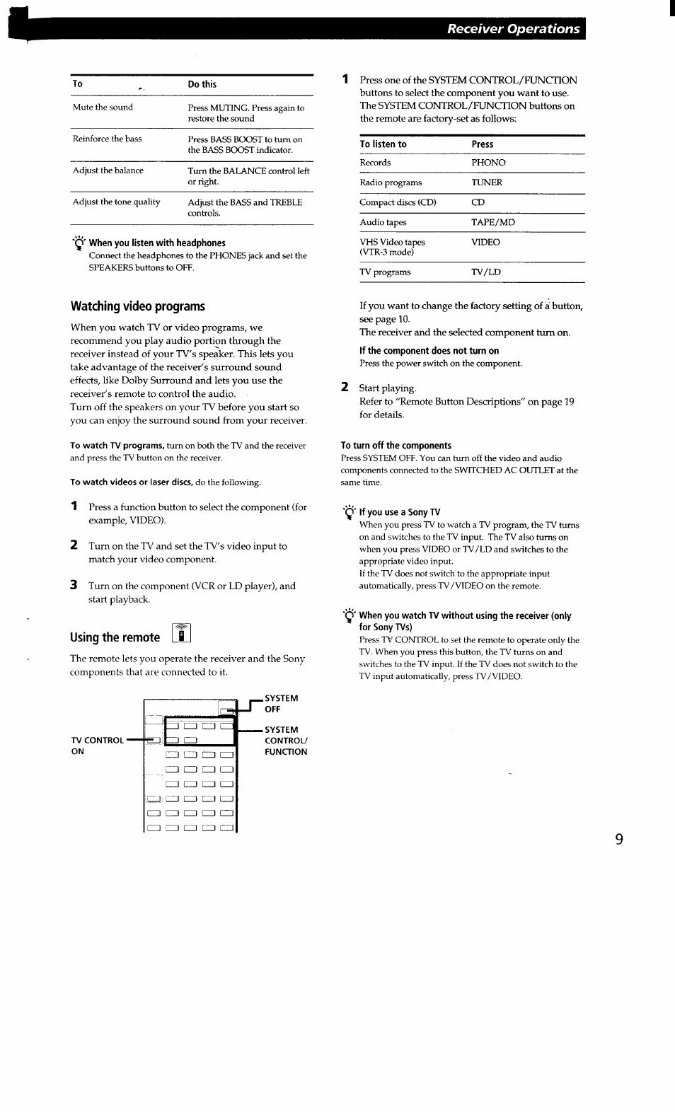 Watching video programs, Using the remote ll, If the component does not turn on | To turn off the components, Q' if you use a sony tv, Receiver operations | Sony STR-D665 User Manual | Page 9 / 20