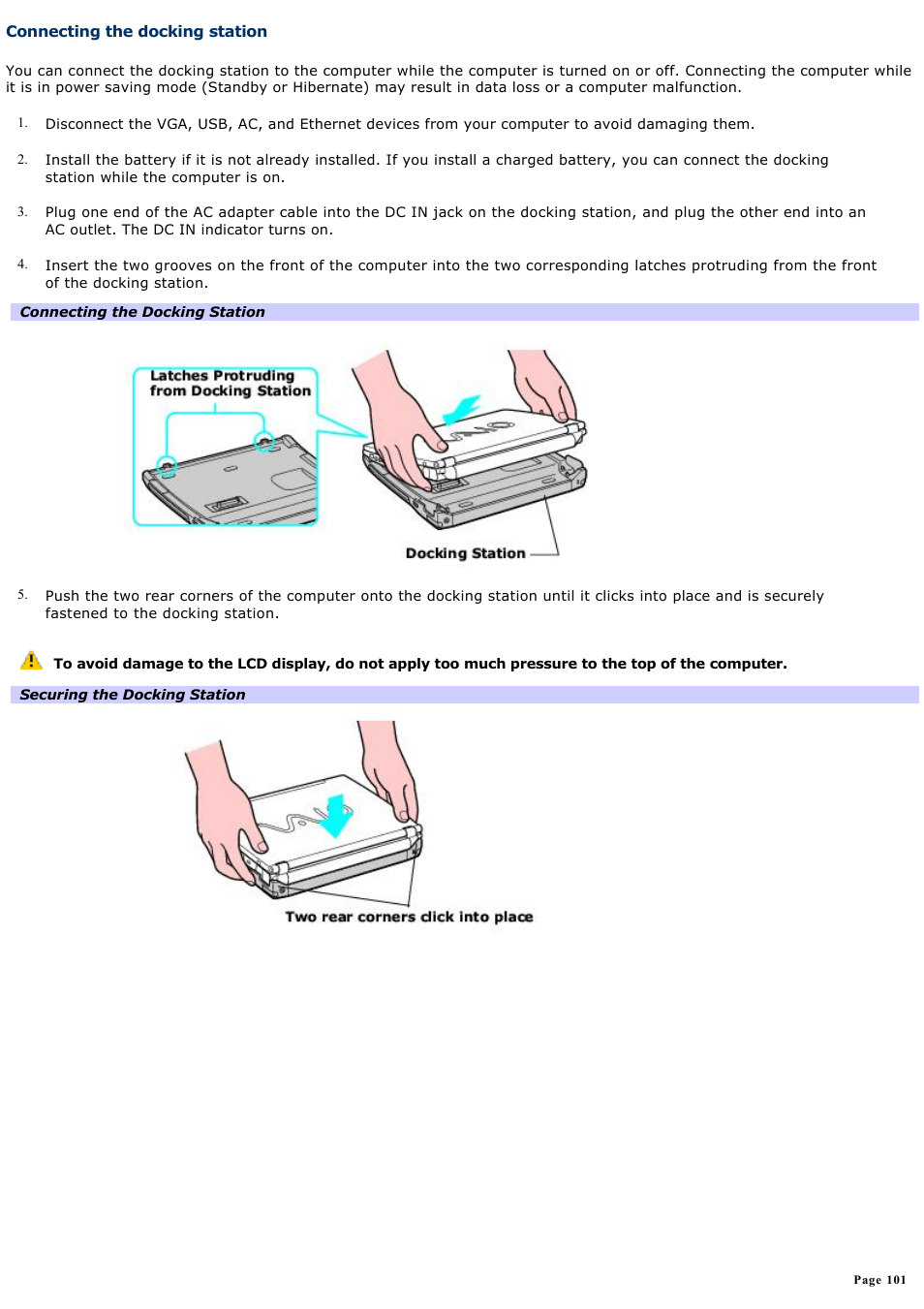 Connecting the docking station | Sony PCG-R505GCP User Manual | Page 101 / 174