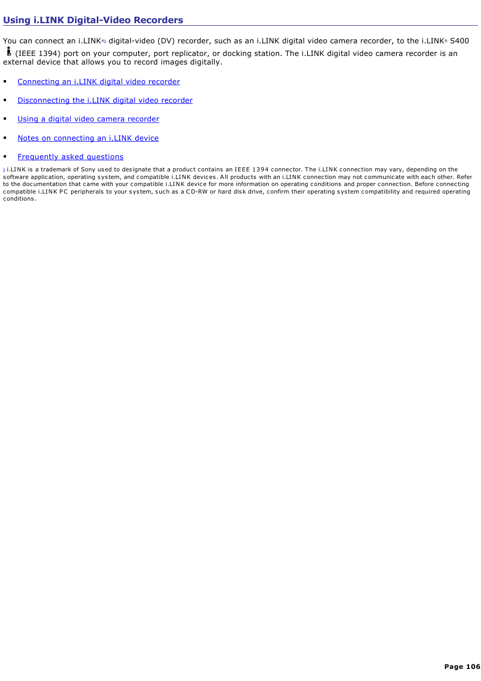 Using i.link digital-video recorders | Sony PCG-R505GCP User Manual | Page 106 / 174
