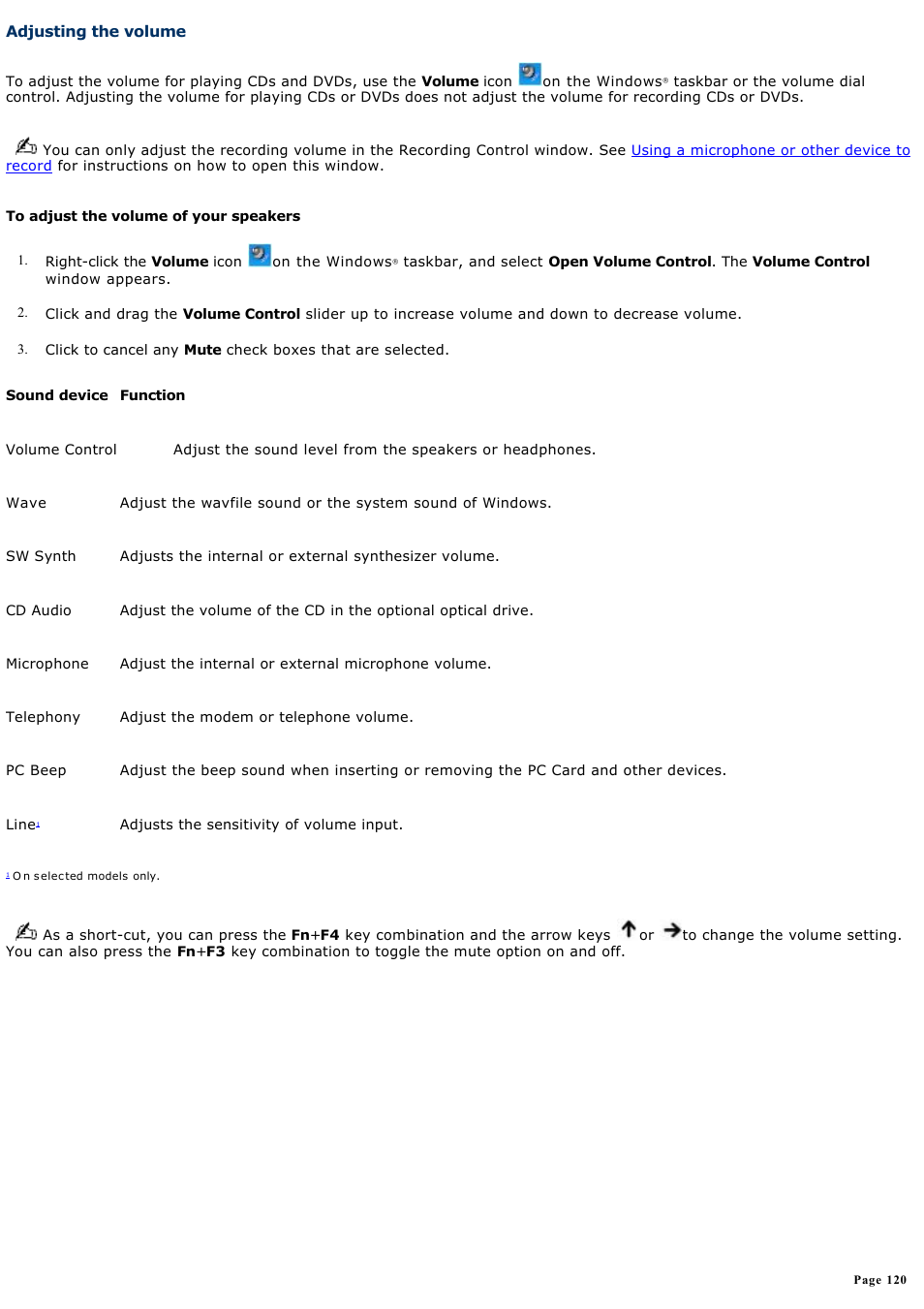 Adjusting the volume | Sony PCG-R505GCP User Manual | Page 120 / 174