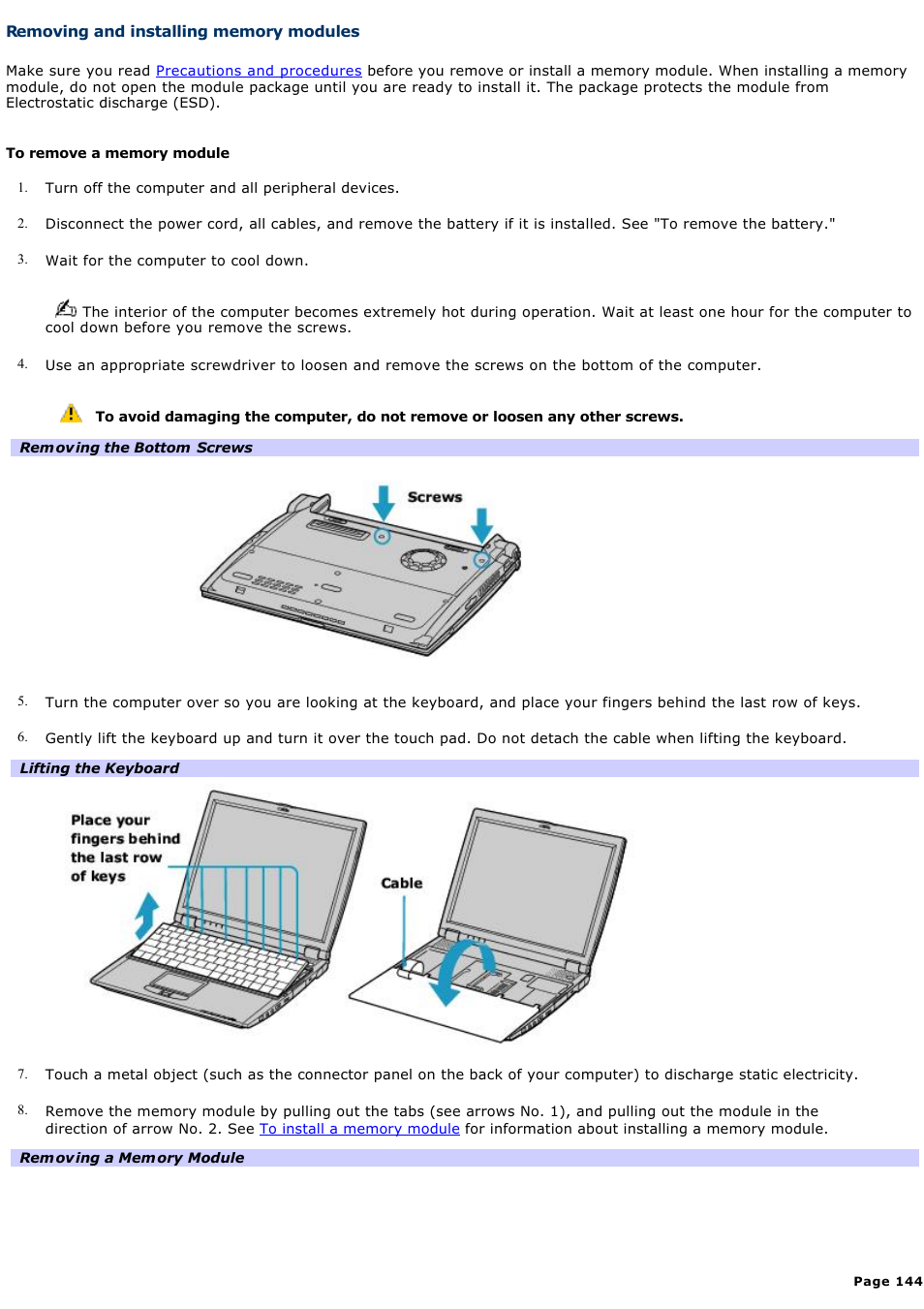 Removing and installing memory modules | Sony PCG-R505GCP User Manual | Page 144 / 174