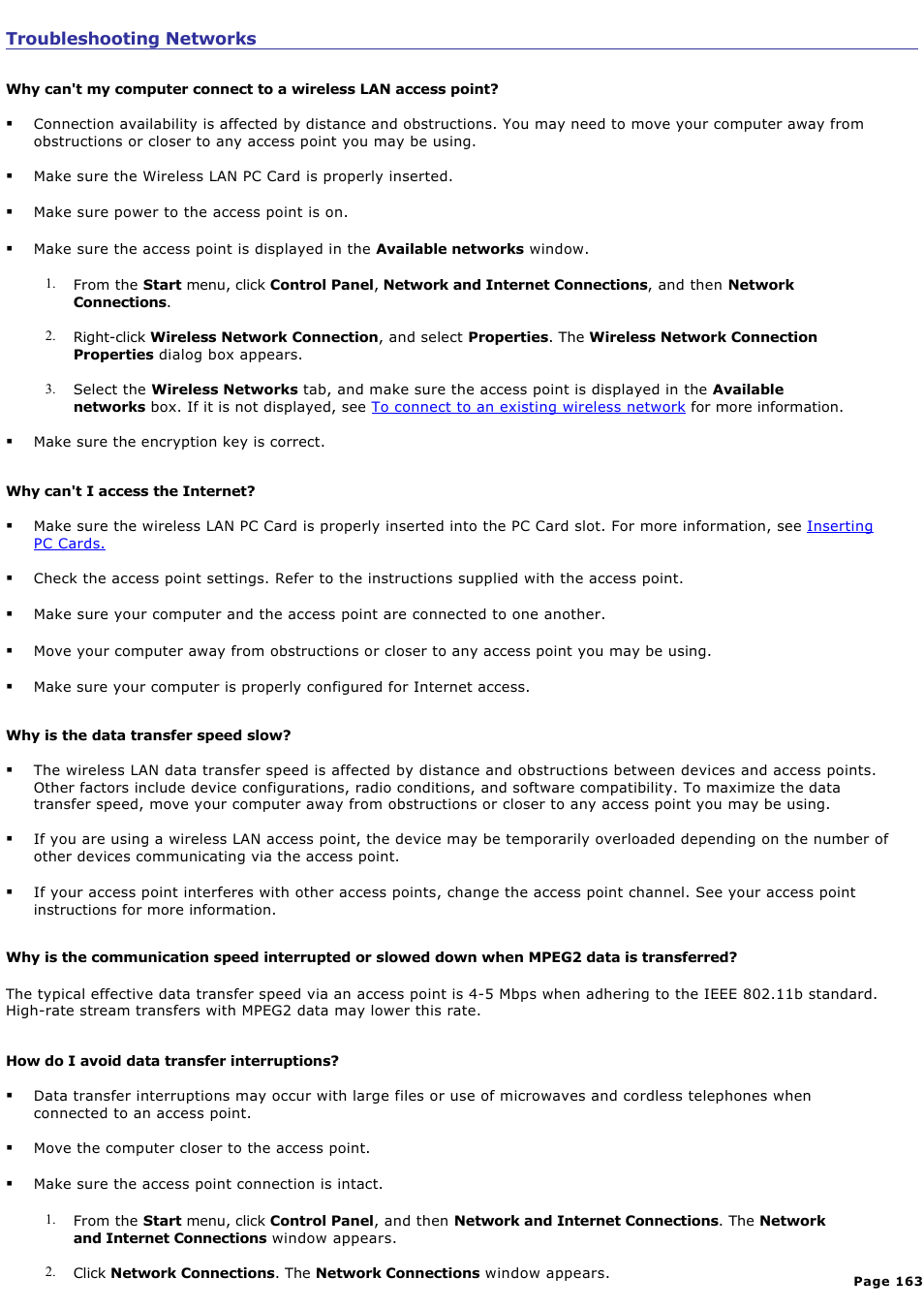 Troubleshooting networks | Sony PCG-R505GCP User Manual | Page 163 / 174