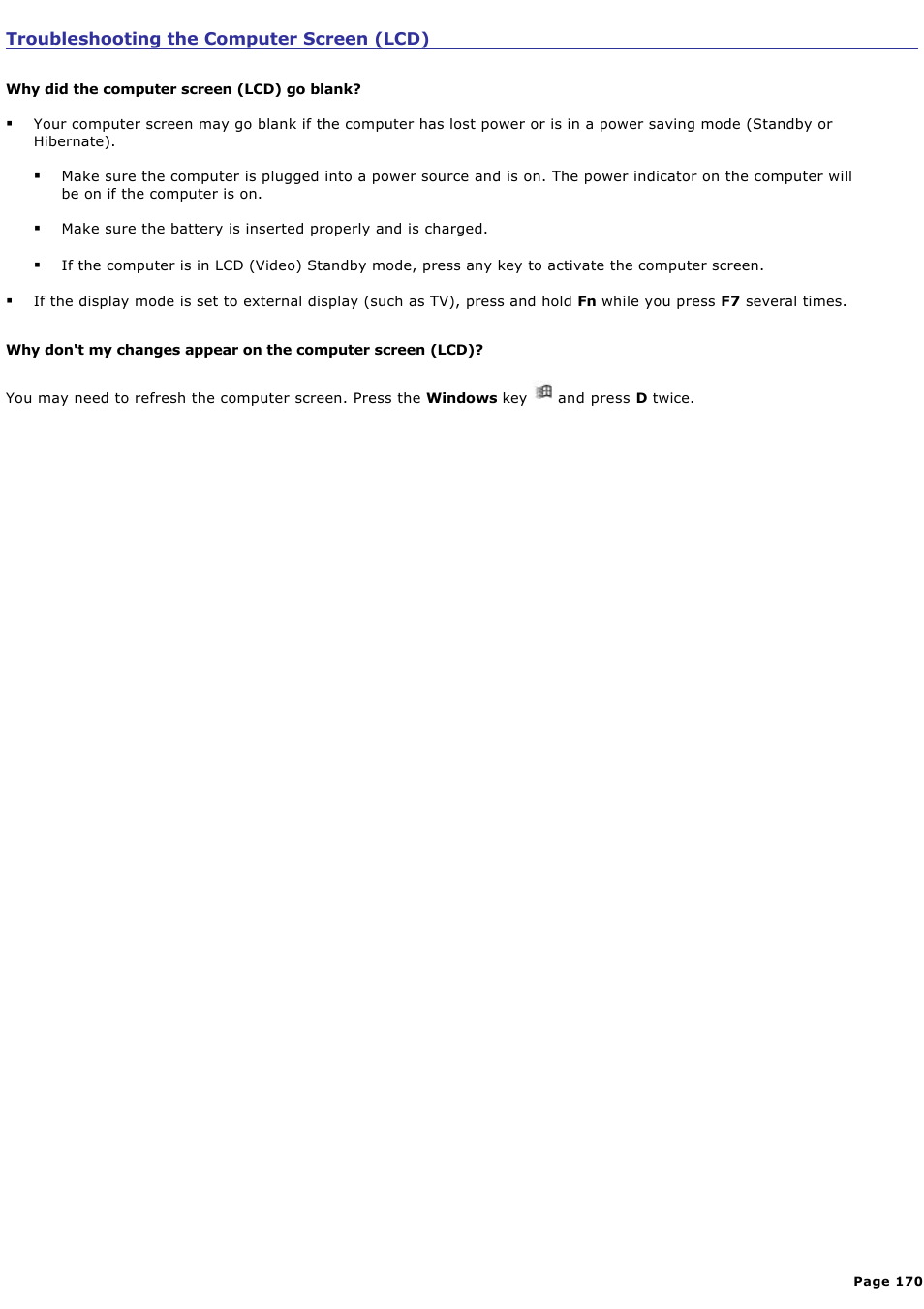 Troubleshooting the computer screen (lcd) | Sony PCG-R505GCP User Manual | Page 170 / 174