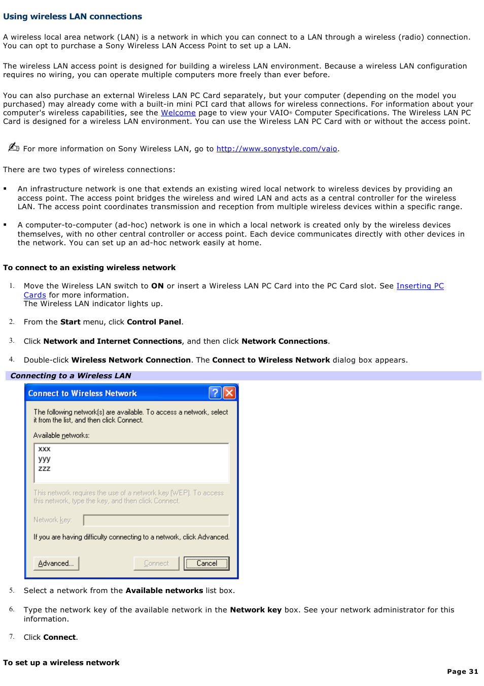 Using wireless lan connections | Sony PCG-R505GCP User Manual | Page 31 / 174