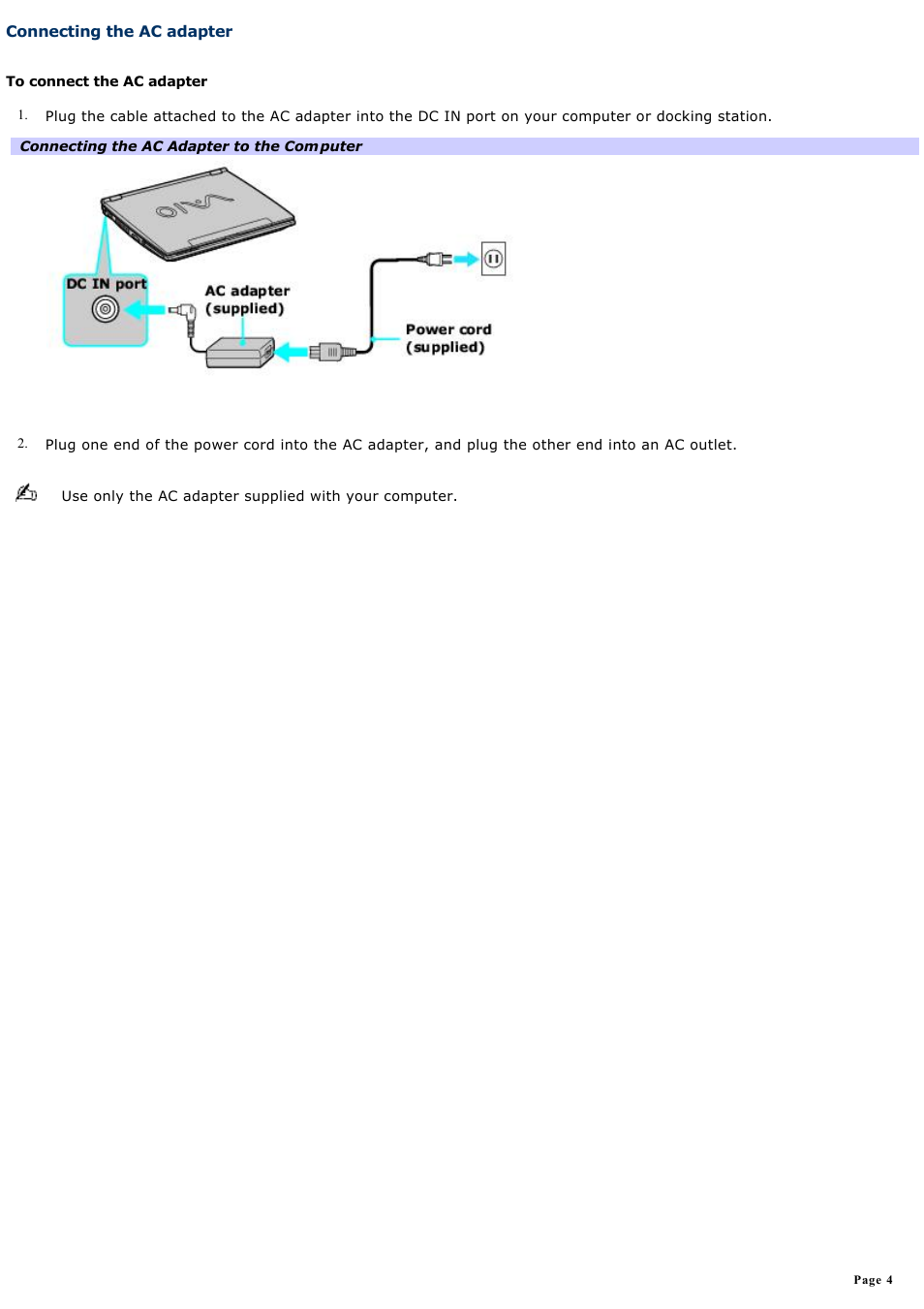 Connecting the ac adapter | Sony PCG-R505GCP User Manual | Page 4 / 174