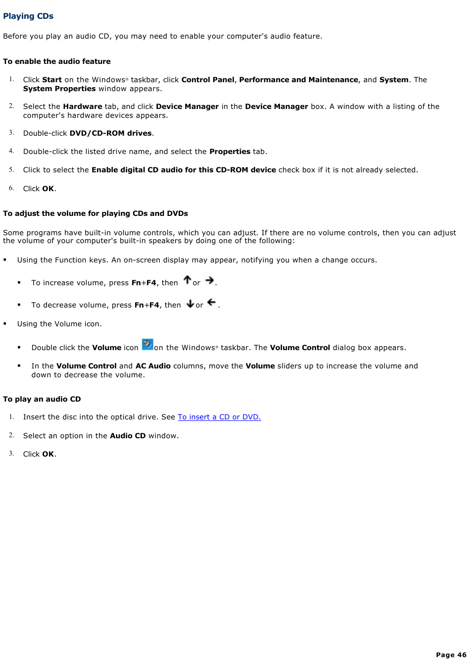 Playing cds | Sony PCG-R505GCP User Manual | Page 46 / 174