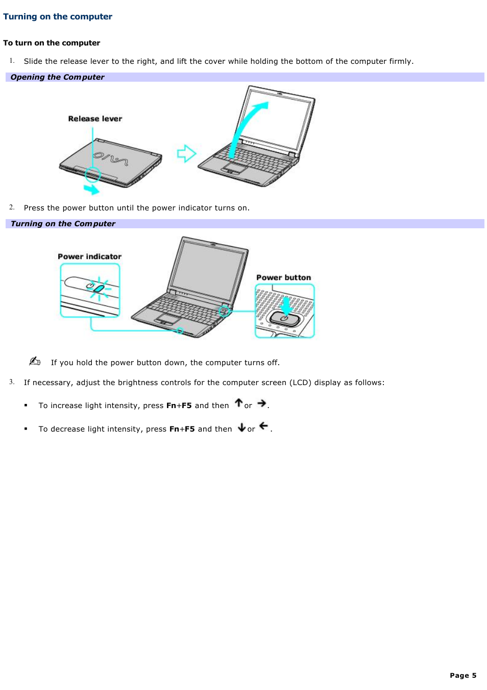 Turning on the computer | Sony PCG-R505GCP User Manual | Page 5 / 174