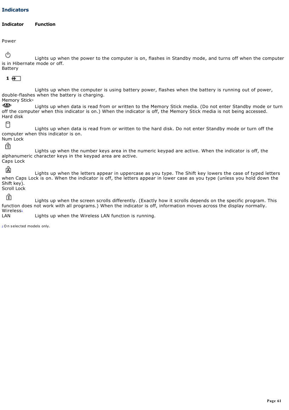 Indicators | Sony PCG-R505GCP User Manual | Page 61 / 174