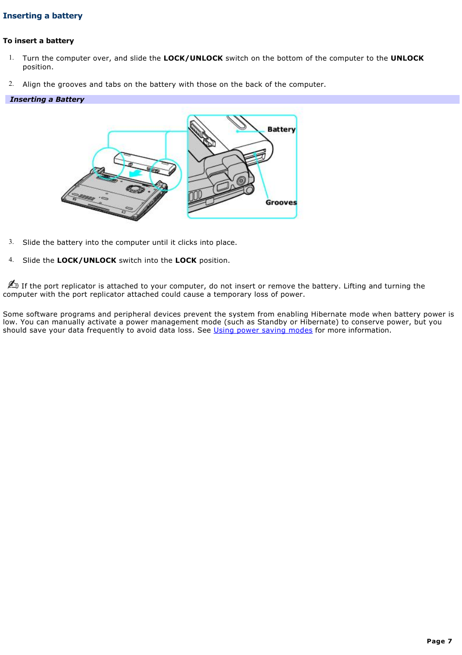 Inserting a battery | Sony PCG-R505GCP User Manual | Page 7 / 174