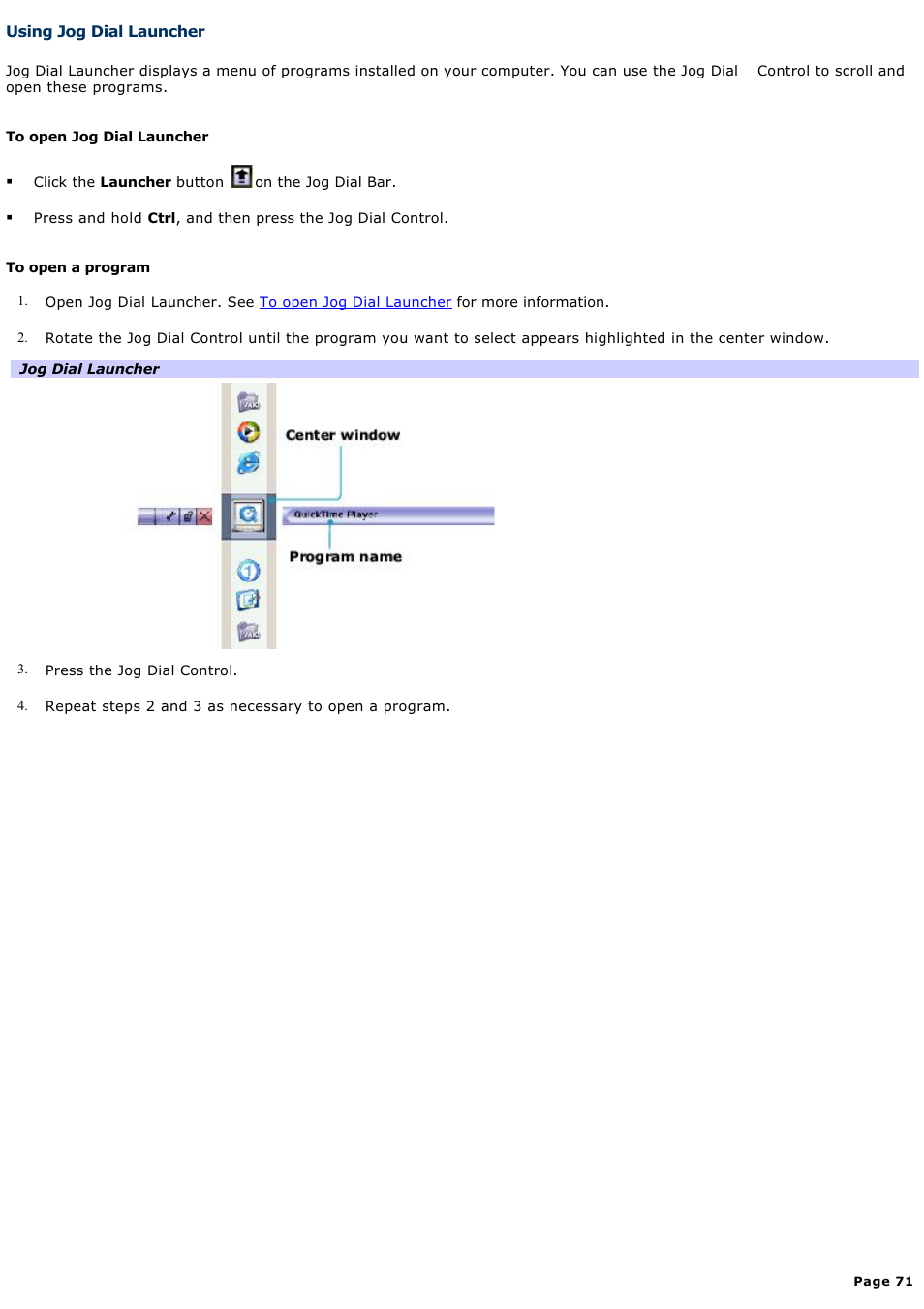 Using jog dial launcher | Sony PCG-R505GCP User Manual | Page 71 / 174