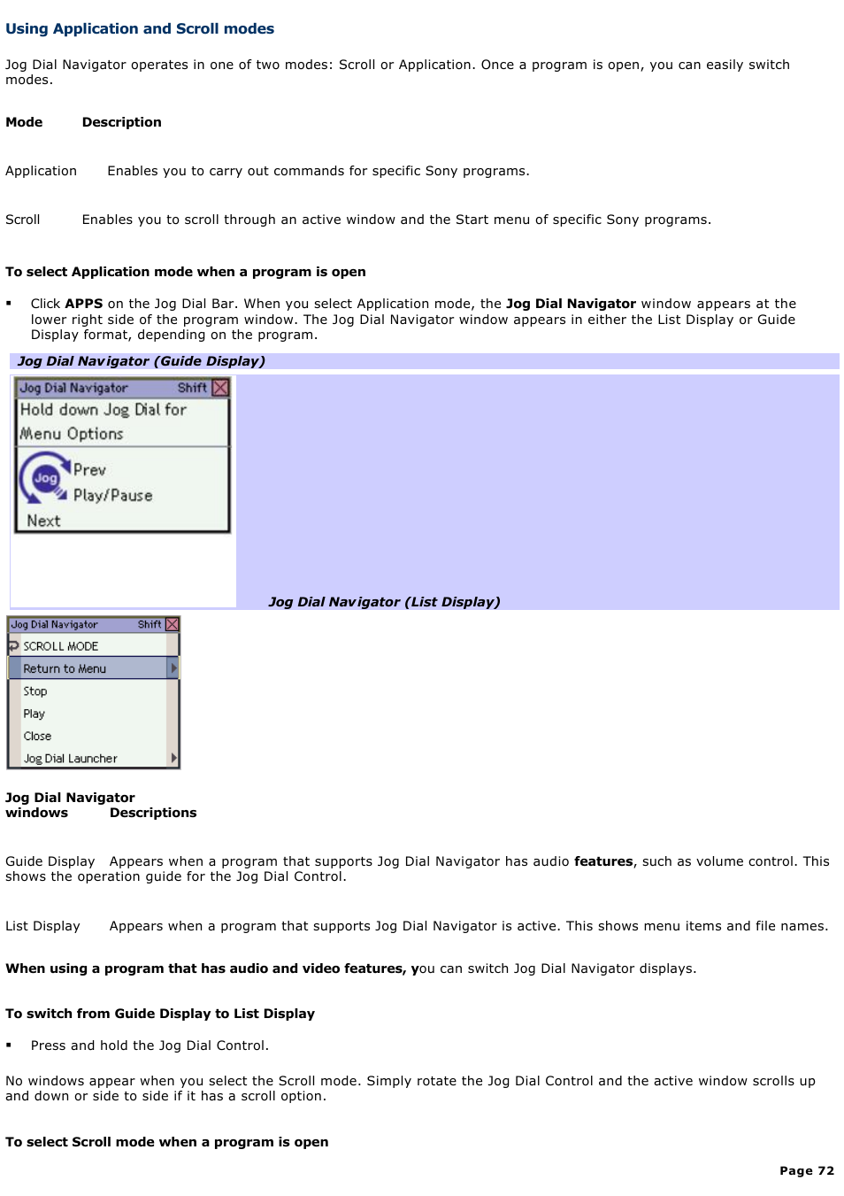 Using application and scroll modes | Sony PCG-R505GCP User Manual | Page 72 / 174