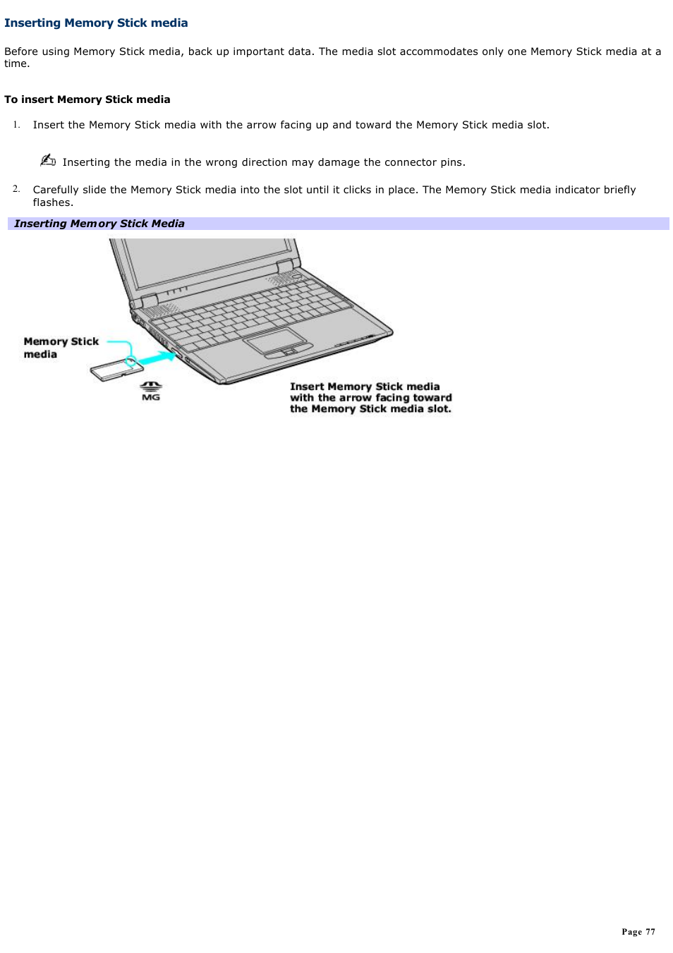 Inserting memory stick media | Sony PCG-R505GCP User Manual | Page 77 / 174