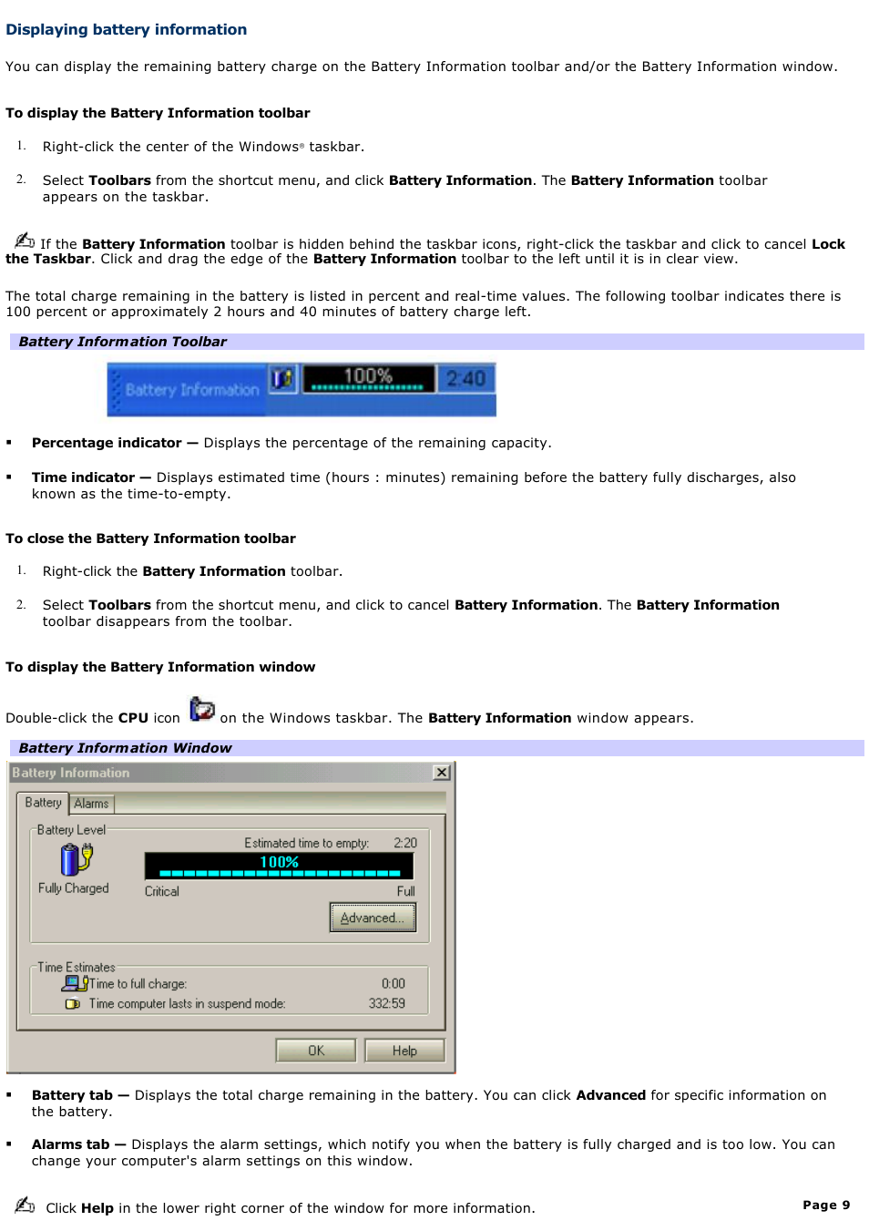 Displaying battery information | Sony PCG-R505GCP User Manual | Page 9 / 174