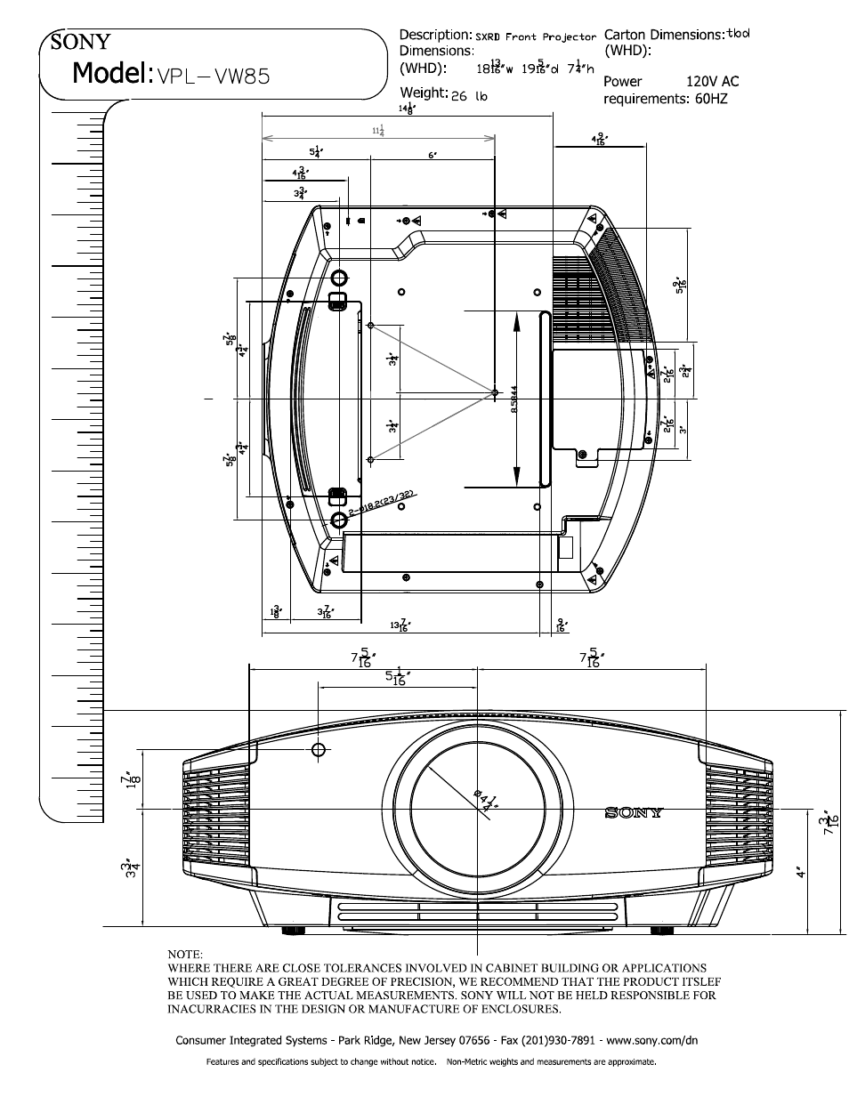 Whd): isli'w igs'd 7i'h, Power 120v ac, Weight: 26 lb requirements: 60hz | Model, Vpl-vw85 | Sony VPL-VW85 User Manual | Page 2 / 3