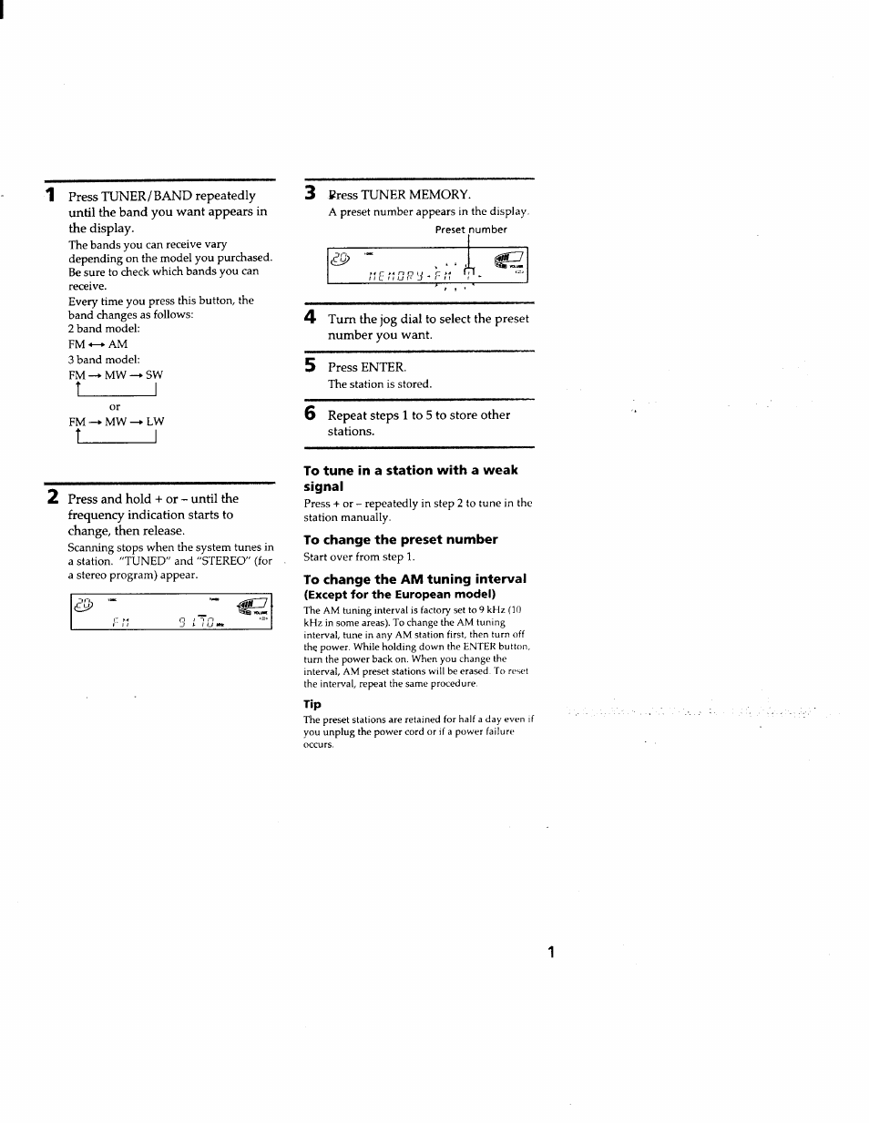 To tune in a station with a weak signal, To change the preset number, T_______ i | Sony MHC-F150 User Manual | Page 11 / 60